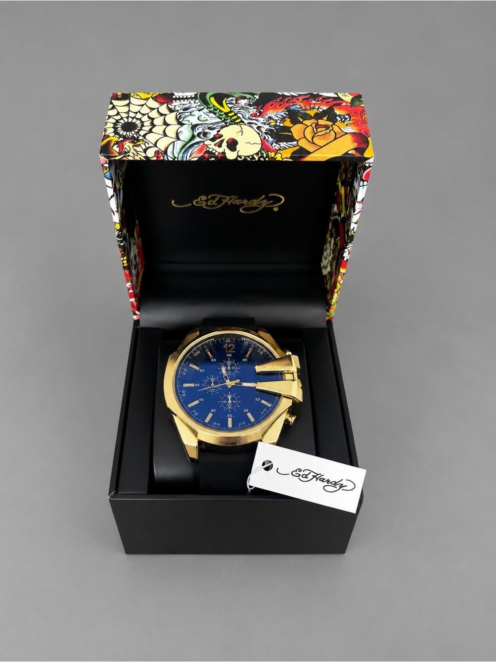 Ed Hardy Gold-Tone Case with Blue Dial Men's Watch